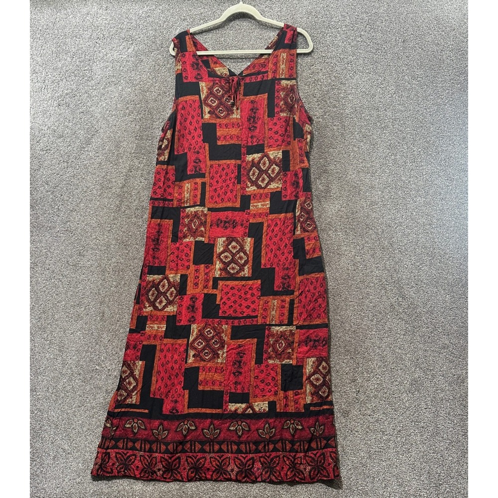 White Stag Womens XL Maxi Dress Red Patchwork Rayon Sleeveless 90s Boho Artsy